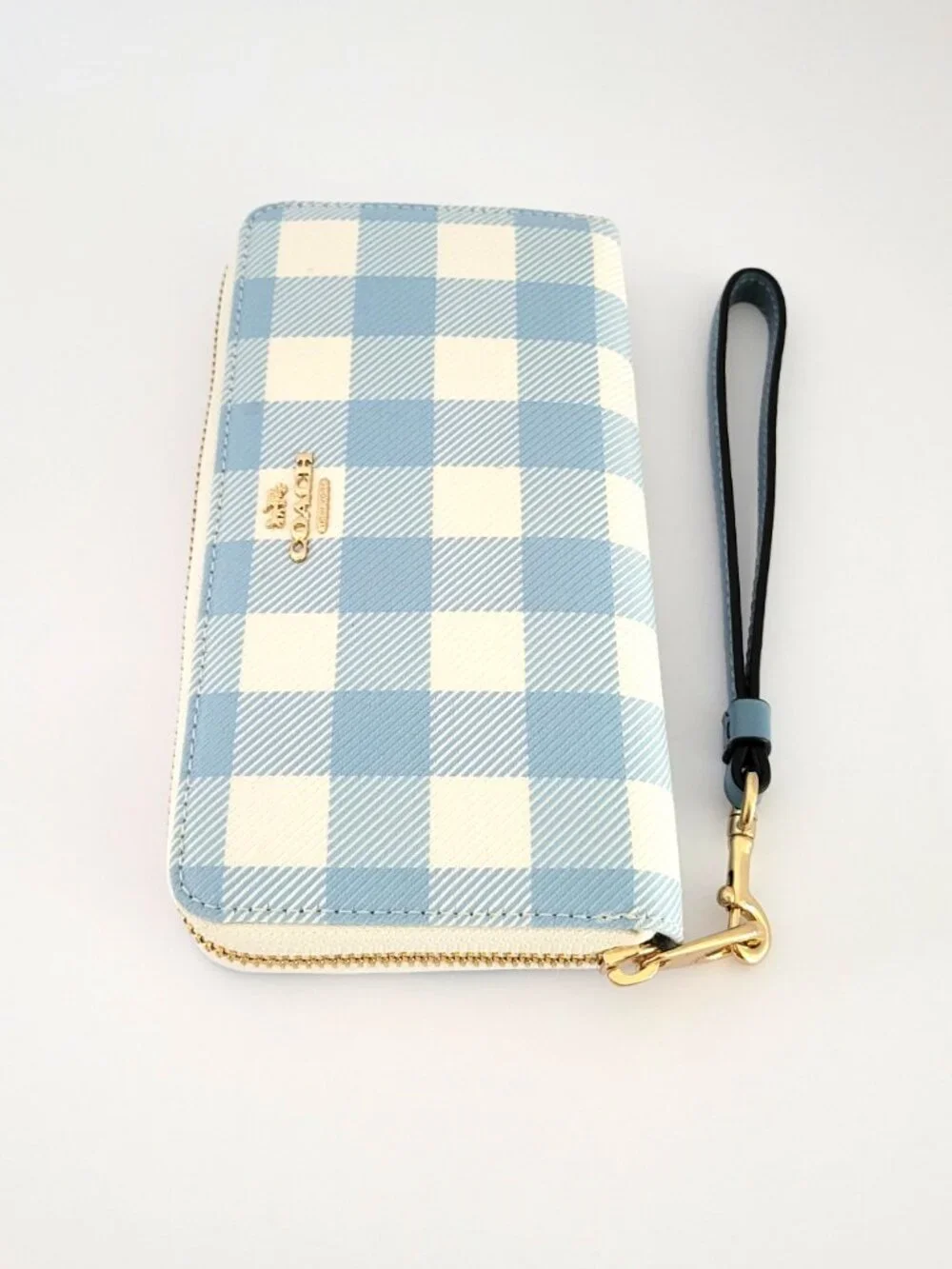 Coach CFA13 Long Zip Around Wallet Jacquard Gingham Print Wristlet Blue Multi